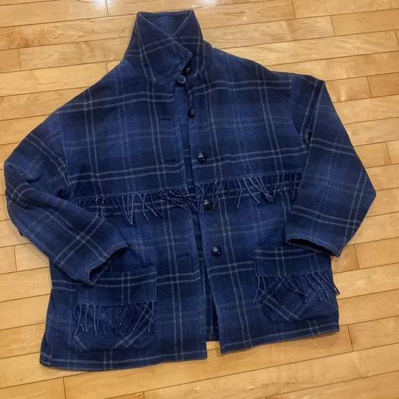 Collections Internationale Fringed women’s Blue Plaid Blazer/Jacket Size Large - Picture 14 of 17